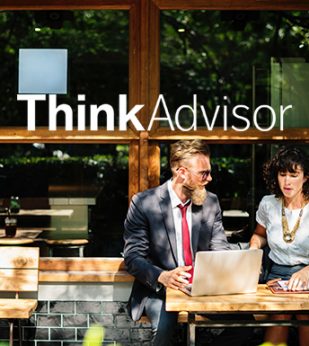 Think Advisor logo overtop client meeting outside with two people