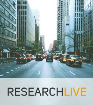 Looking down a New York City street on a foggy day, with commuter cars and taxis, with a police car on the left. The ResearchLive logo is at the bottom.