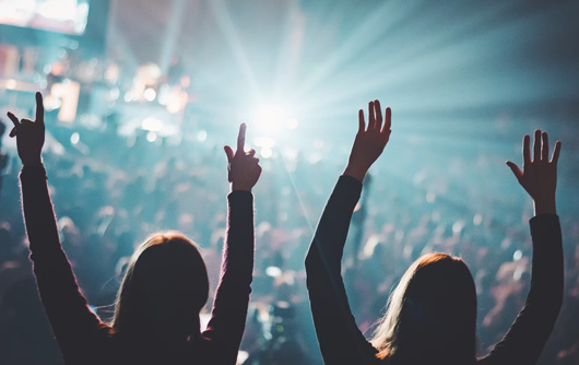 A view of performers on a stage, looking back at at cheering crowd