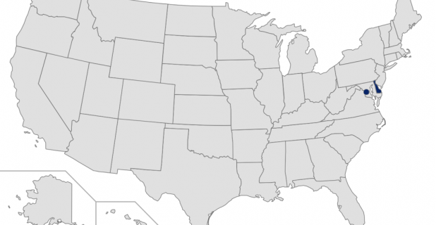 Map of the United States with Delaware and DC highlighted