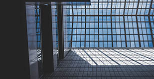 hallway with glass windows